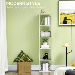 Rackhams Modern 5-Tier Bookshelf, Freestanding Bookcase Storage Shelving for Living Room Home Office Study, White and Light Grey - thumbnail 4