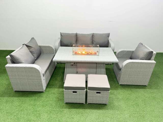Rackhams Patio 8 Seater Outdoor Rattan Furniture Sofa Sets with Fire Pit Dining Table Reclining Chair Loveseat Sofa 3 Seater Sofa Stool Light Grey - image 1