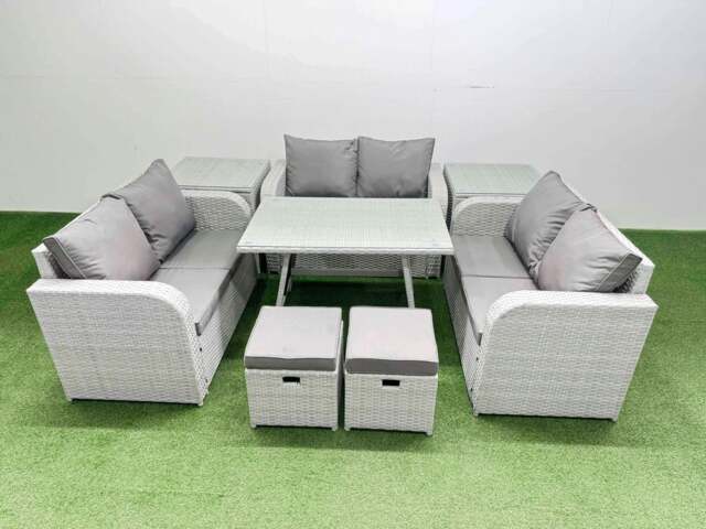 Rackhams Rattan Garden Furniture Dining Set 8 seater Patio Rectangular Table Love Sofa Set with 2 Side Tables 2 Small Stools - image 1