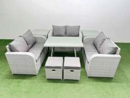 Rackhams Rattan Garden Furniture Dining Set 8 seater Patio Rectangular Table Love Sofa Set with 2 Side Tables 2 Small Stools - thumbnail 1