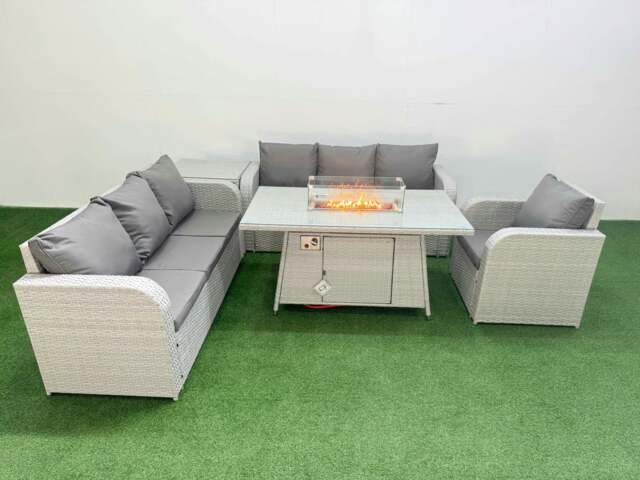 Rackhams 7 Seater Rattan Outdoor Garden Furniture Fire Pit Dining Table Sofa Set Patio 3 Seater Sofa Reclining Chair 3 Seater Sofa Side Table Light Grey - image 1