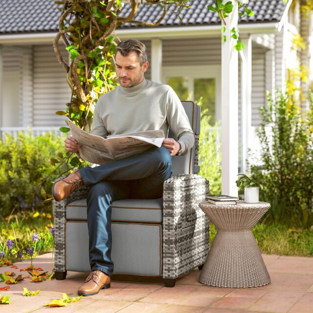 Rackhams Rattan Garden Recliner Sun Lounger w/ Flip Table, Mixed Grey/Grey - Mixed Grey/Grey - Steel, PE Rattan - 77 x 77 x 104 cm - image 1