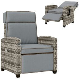 Rackhams Rattan Garden Recliner Sun Lounger w/ Flip Table, Mixed Grey/Grey - Mixed Grey/Grey - Steel, PE Rattan - 77 x 77 x 104 cm - thumbnail 2