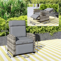 Rackhams Rattan Garden Recliner Sun Lounger w/ Flip Table, Mixed Grey/Grey - Mixed Grey/Grey - Steel, PE Rattan - 77 x 77 x 104 cm - thumbnail 5