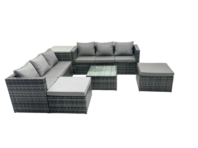Rackhams Outdoor Rattan Garden Furniture Set 8 Seater Patio Lounge Sofa Set with Square Coffee Table Side Table 2 Big Footstools Dark Grey Mixed - image 1