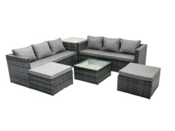 Rackhams Outdoor Rattan Garden Furniture Set 8 Seater Patio Lounge Sofa Set with Square Coffee Table Side Table 2 Big Footstools Dark Grey Mixed - thumbnail 2