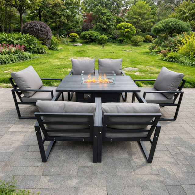 Rackhams 6 Seater Aluminum Garden Furniture Set with Gas Fire Pit Dining Table and 6 Chairs - Dark Grey - image 1