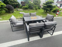 Rackhams 6 Seater Aluminum Garden Furniture Set with Gas Fire Pit Dining Table and 6 Chairs - Dark Grey - thumbnail 3