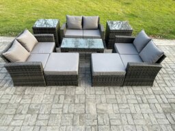 Rackhams Outdoor U Shape Sofa Set Wicker PE Rattan Garden Furniture Set with Coffee Table Double Seat Sofa 2 Big Footstool 2 Side Tables Dark Grey Mixed - thumbnail 2