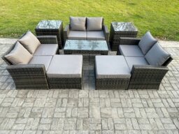 Rackhams Outdoor U Shape Sofa Set Wicker PE Rattan Garden Furniture Set with Coffee Table Double Seat Sofa 2 Big Footstool 2 Side Tables Dark Grey Mixed - thumbnail 1