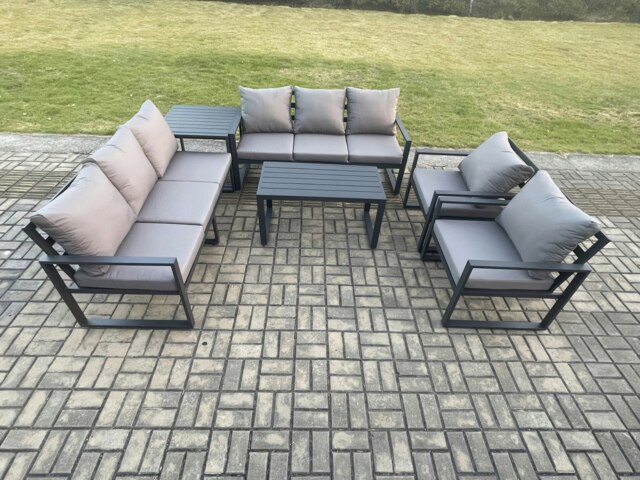 Rackhams Aluminium 6 Pieces Garden Furniture Set with Cushions 8 Seater Outdoor Patio Lounge Sofa Set with 2 Armchairs Side Table Dark Grey - image 1
