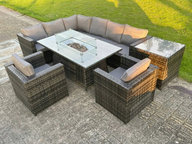 Rackhams Rattan Outdoor Garden Furniture Set with Gas Fire Pit Dining Table, Corner Sofa, 2 Lounge Chairs, Side Coffee Table - 8 Seater - Dark Grey - image 1