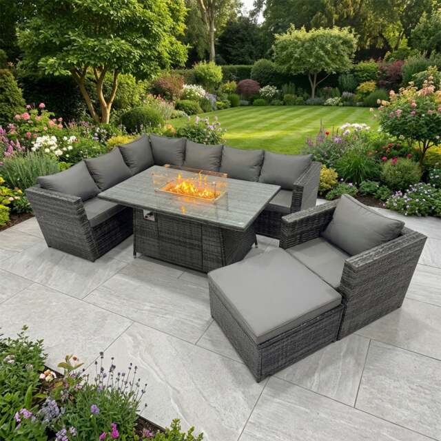 Rackhams 8 Seater Rattan Garden Furniture Dining Set with Gas Fire Pit Dining Table, Corner Sofa & Stool - Dark Grey Mixed - image 1