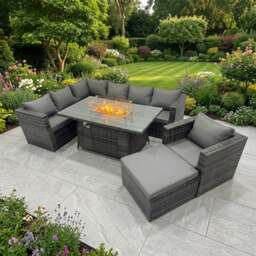 Rackhams 8 Seater Rattan Garden Furniture Dining Set with Gas Fire Pit Dining Table, Corner Sofa & Stool - Dark Grey Mixed - thumbnail 1