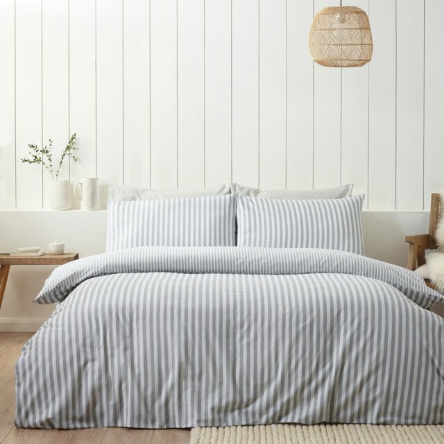 Rackhams Brushed Stripe Cotton Reversible Duvet Cover Set Silver Grey - Double - Silver Grey - image 1