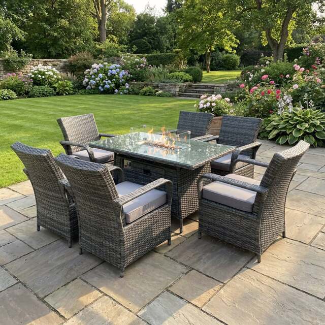Rackhams 6 Seater Rattan Garden Furniture Set with Gas Fire Pit Dining Table and 6 Dining Chairs - Grey - image 1