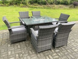 Rackhams 6 Seater Rattan Garden Furniture Set with Gas Fire Pit Dining Table and 6 Dining Chairs - Grey - thumbnail 2