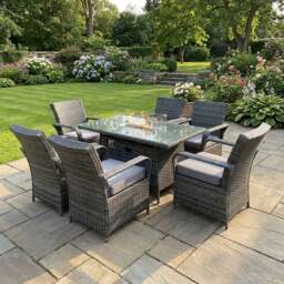 Rackhams 6 Seater Rattan Garden Furniture Set with Gas Fire Pit Dining Table and 6 Dining Chairs - Grey - thumbnail 1