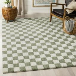 Rackhams Fossay Shag-Washable Beige Green High Pile Checkered Rug - 200 x 275 cm - thumbnail 1