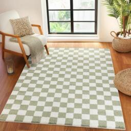 Rackhams Fossay Shag-Washable Beige Green High Pile Checkered Rug - 200 x 275 cm - thumbnail 2
