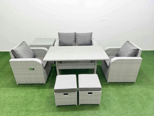 Rackhams Light Grey PE Wicker Rattan Garden Furniture Set Sofa Set Reclining Chair Rectangular Dining Table 6 Seater 2 Small Stools Side Table - image 1