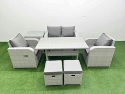 Rackhams Light Grey PE Wicker Rattan Garden Furniture Set Sofa Set Reclining Chair Rectangular Dining Table 6 Seater 2 Small Stools Side Table - thumbnail 1