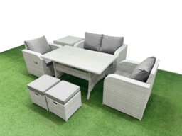 Rackhams Light Grey PE Wicker Rattan Garden Furniture Set Sofa Set Reclining Chair Rectangular Dining Table 6 Seater 2 Small Stools Side Table - thumbnail 2