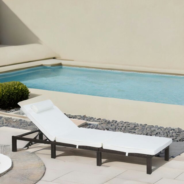 Rackhams Rattan Sun Lounger For Garden Reclining Deck Chair With Cushion Cream - image 1