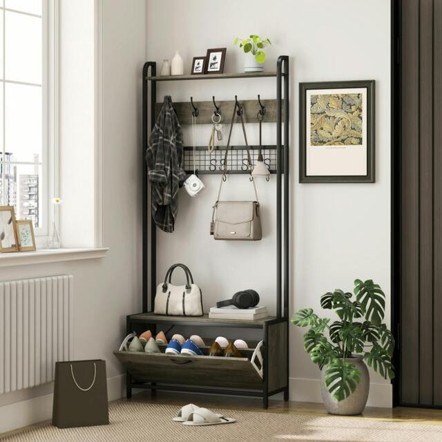 Rackhams Industrial Hall Tree Coat Rack Stand with Shoe Cabinet Grey - Grey - 1 - Particle board, steel - image 1