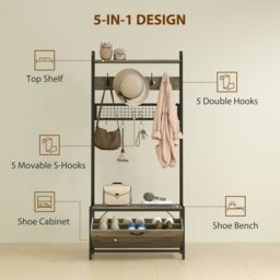 Rackhams Industrial Hall Tree Coat Rack Stand with Shoe Cabinet Grey - Grey - 1 - Particle board, steel - thumbnail 4
