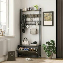 Rackhams Industrial Hall Tree Coat Rack Stand with Shoe Cabinet Grey - Grey - 1 - Particle board, steel - thumbnail 3