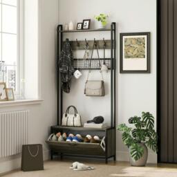 Rackhams Industrial Hall Tree Coat Rack Stand with Shoe Cabinet Grey - Grey - 1 - Particle board, steel - thumbnail 1