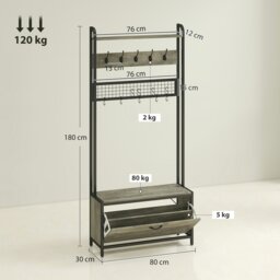 Rackhams Industrial Hall Tree Coat Rack Stand with Shoe Cabinet Grey - Grey - 1 - Particle board, steel - thumbnail 6
