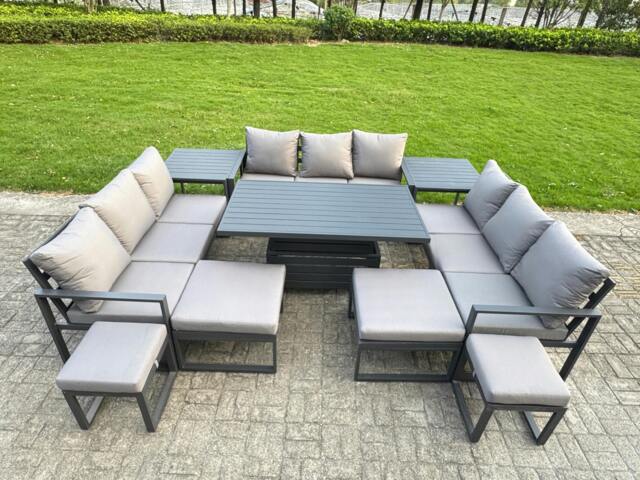 Rackhams 13 Seater Aluminum Outdoor Patio Furniture Set with Adjustable Rising Dining Table, 4 Footstools, 2 Side Tables - Grey - image 1
