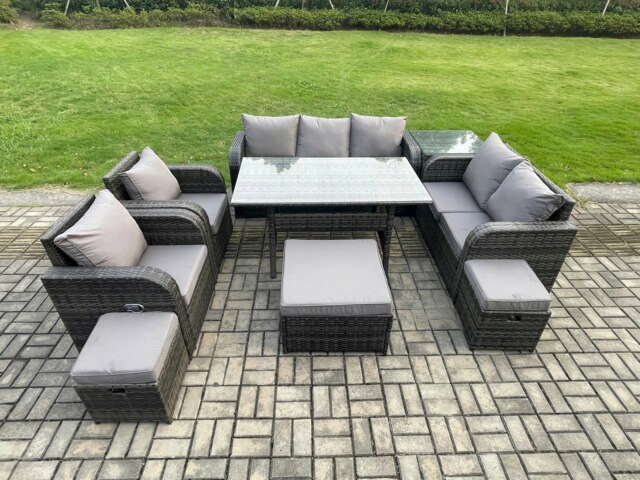 Rackhams 10 Seater Garden Rattan Furniture Dining Table Sofa Set Indoor Outdoor with 2 Reclining Chairs Side Table 3 Footstools Dark Grey Mixed - image 1