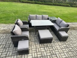 Rackhams 10 Seater Garden Rattan Furniture Dining Table Sofa Set Indoor Outdoor with 2 Reclining Chairs Side Table 3 Footstools Dark Grey Mixed - thumbnail 2