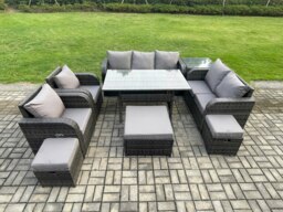 Rackhams 10 Seater Garden Rattan Furniture Dining Table Sofa Set Indoor Outdoor with 2 Reclining Chairs Side Table 3 Footstools Dark Grey Mixed - thumbnail 1