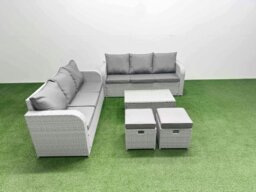Rackhams Outdoor Garden Furniture Sets 8 Seater Wicker Rattan Furniture Sofa Sets with Rectangular Coffee Table high Back Lounge Sofa Stools Light Grey - thumbnail 2
