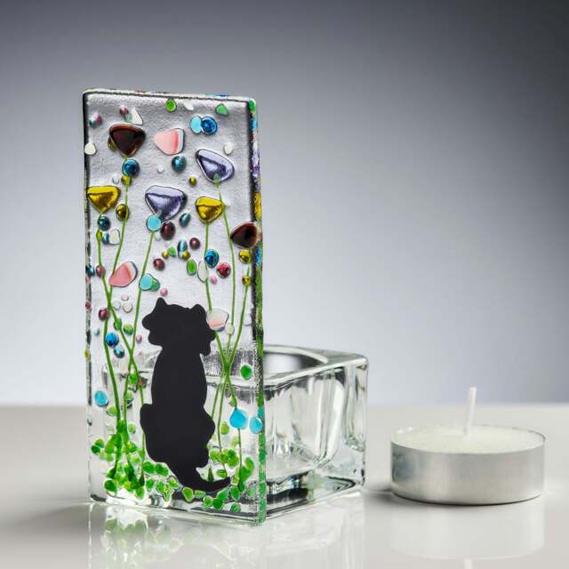 Rackhams Fused Glass Tea Light Holder – Dog & Summer Meadow Design (Handmade)