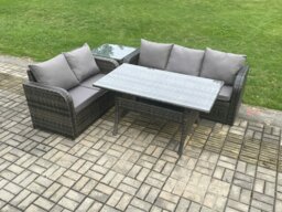Rackhams Outdoor Garden Patio Furniture Wicker Rattan Oblong Rectangular Dining Table and Lounge Sofa set with Side Table Dark Grey Mixed - thumbnail 2