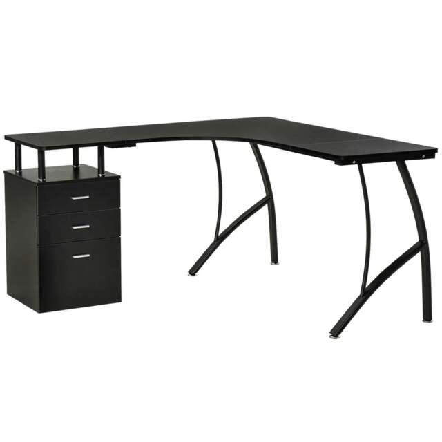 Rackhams L-Shaped Computer Desk Table with Storage Drawer, Home Office Desk Corner Industrial Style Workstation for A4 Files 143.5 x 143.5 x 76cm, Black - image 1