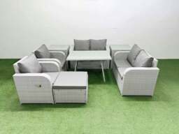 Rackhams 7 Seater Rattan Garden Furniture Set Outdoor Love Sofa Set with Rectangular Dining Table 2 Side Tables Big Footstool Light Grey - thumbnail 1