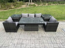 Rackhams Rattan Garden Furniture Sofa Set Outdoor Adjustable Rising Lifting Dining Table Set with 2 Armchairs 2 Side Tables Dark Grey Mixed - thumbnail 2