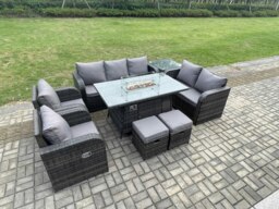 Rackhams 9 Seater PE Wicker Outdoor Rattan Garden Furniture Set Propane Gas Fire Pit Table and Sofa Chair set with Side Table 2 Small Footstools - thumbnail 2