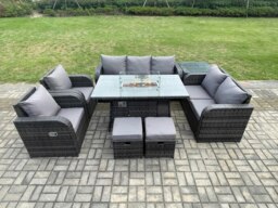 Rackhams 9 Seater PE Wicker Outdoor Rattan Garden Furniture Set Propane Gas Fire Pit Table and Sofa Chair set with Side Table 2 Small Footstools - thumbnail 1