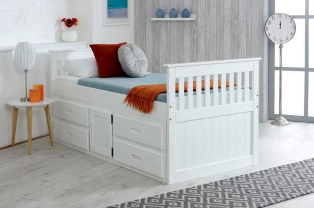 Rackhams Captains Storage Bed with 4 Drawers & Cupboard – Solid Pine – Waxed or White Finish – 3FT Single - White - image 1