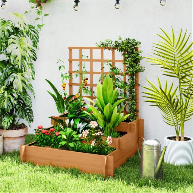 Rackhams 3 Tier Wooden Garden Planters with Trellis for Vine Climbing Plants - Brown - Fir Wood - 95cm x 95cm x 110cm - image 1