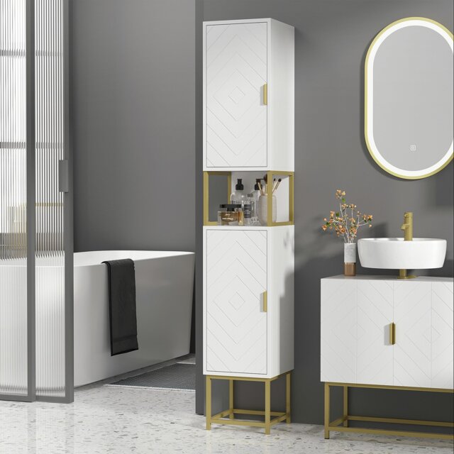 Rackhams Freestanding Bathroom Cabinet Linen Towel w/ Adjustable Shelf, 2 Doors - White - image 1