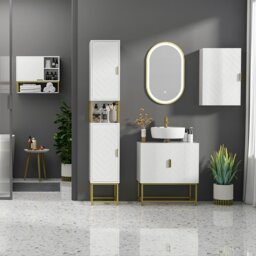 Rackhams Freestanding Bathroom Cabinet Linen Towel w/ Adjustable Shelf, 2 Doors - White - thumbnail 3