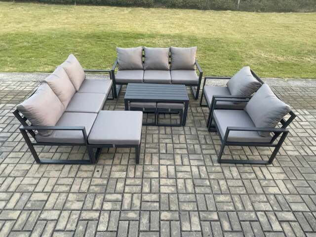 Rackhams Aluminium Outdoor Garden Furniture Lounge Sofa 2 PC Chairs Oblong Coffee Table Sets with 3 Footstools Dark Grey - image 1